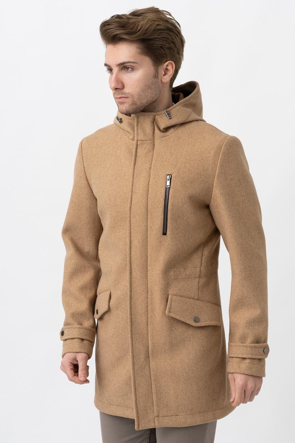 White Stone Bej Slim Fit Kapüşonlu Fermuar Kapamalı Cepli Kaşe Kaban görsel 3