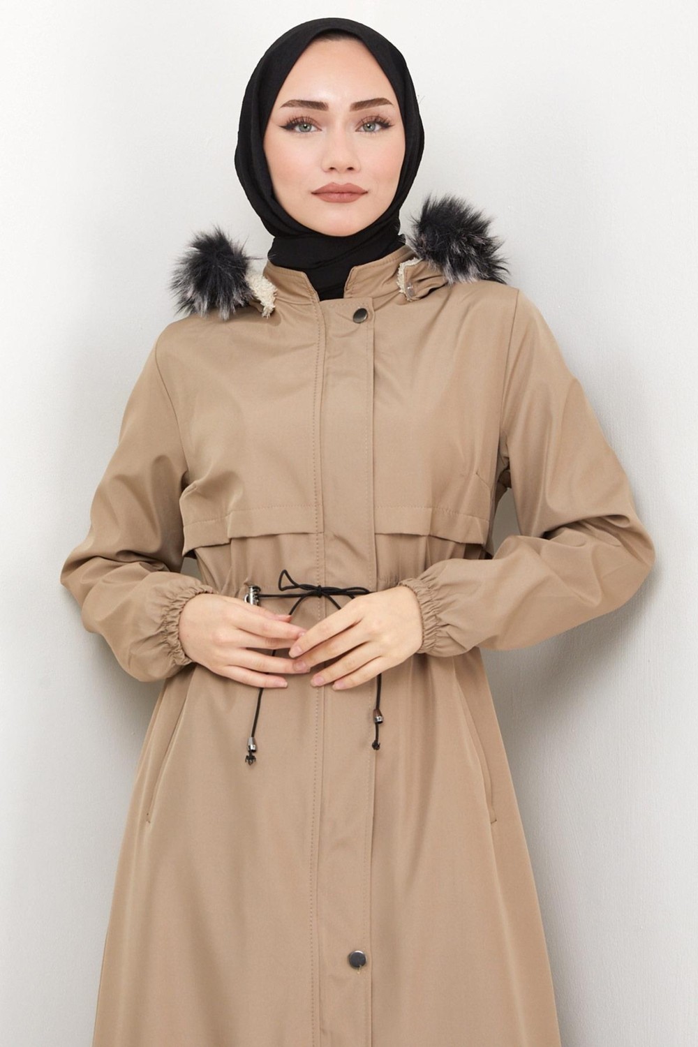 Hafsa Mina İçi Kürklü Tam Boy Bondit Mont Vizon HM2331 görsel 4