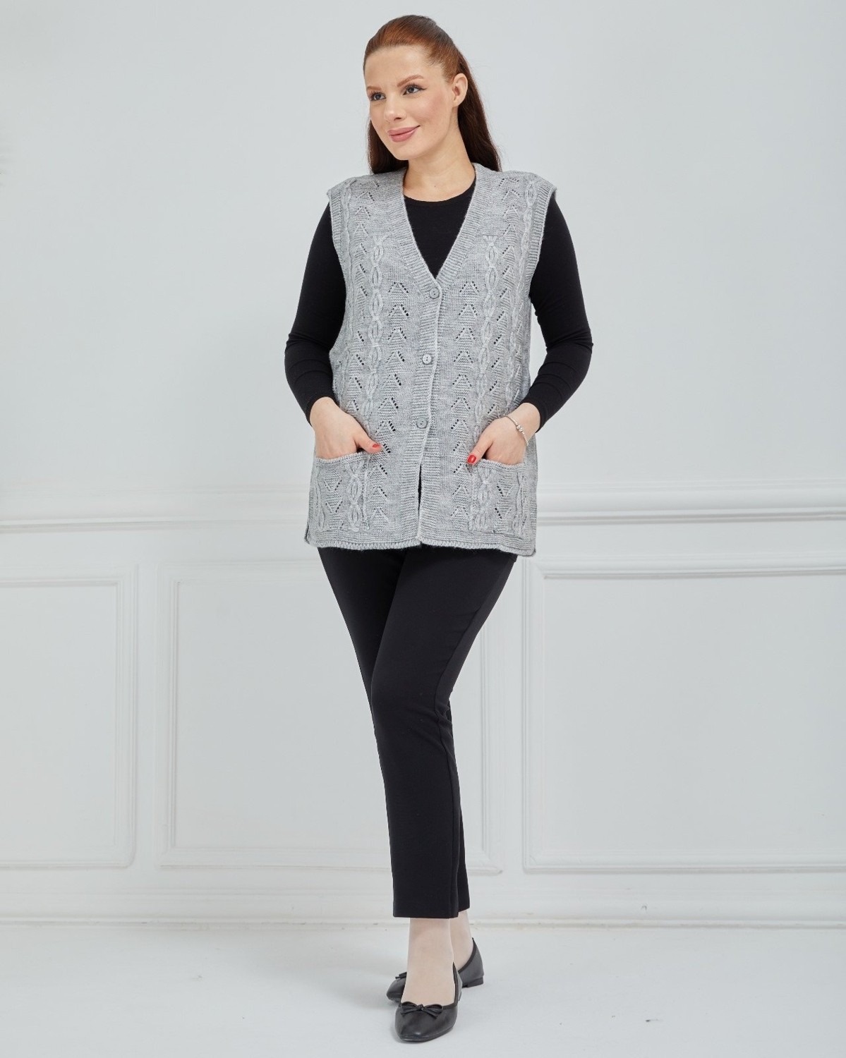 Fresh Moda Kadın V Yaka Zincir Örgü Cepli Yün Anne Triko Yelek görsel 5
