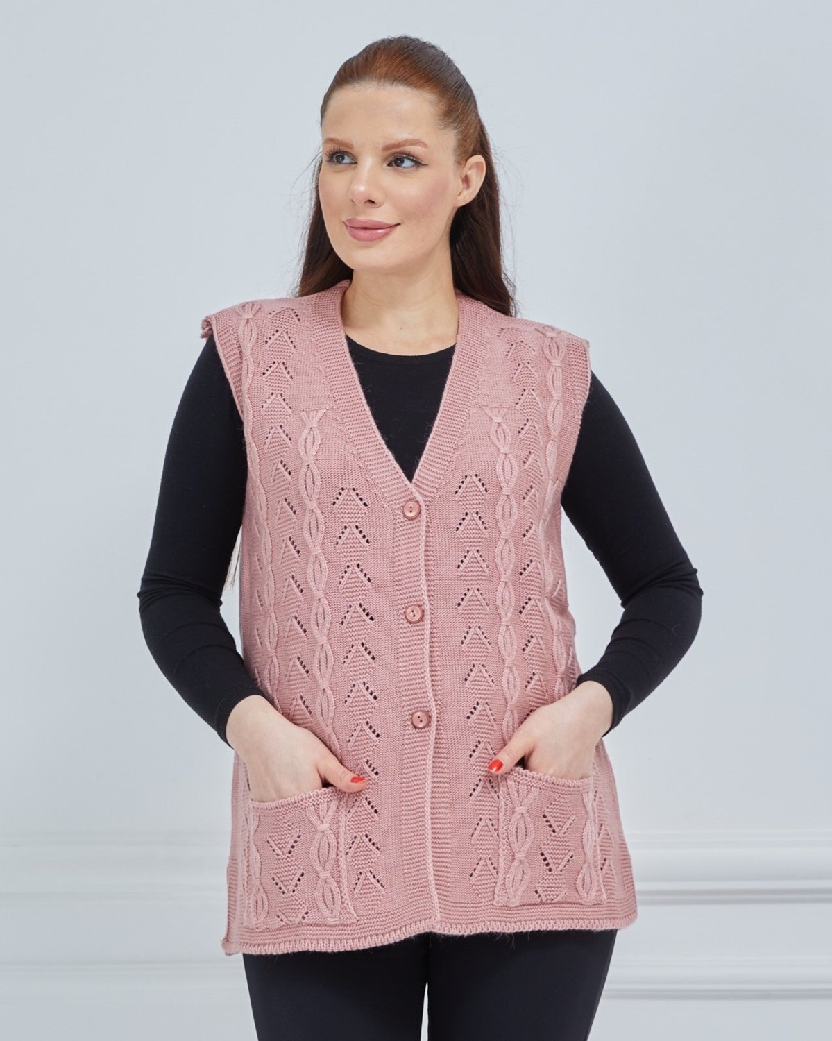Fresh Moda Kadın V Yaka Zincir Örgü Cepli Yün Anne Triko Yelek