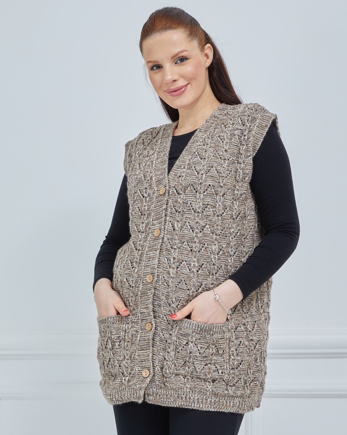 Fresh Moda Kadın Kırçıllı Kazayağı Model Kalın Kışlık Örgü Cepli Triko Anne Yelek görsel 7