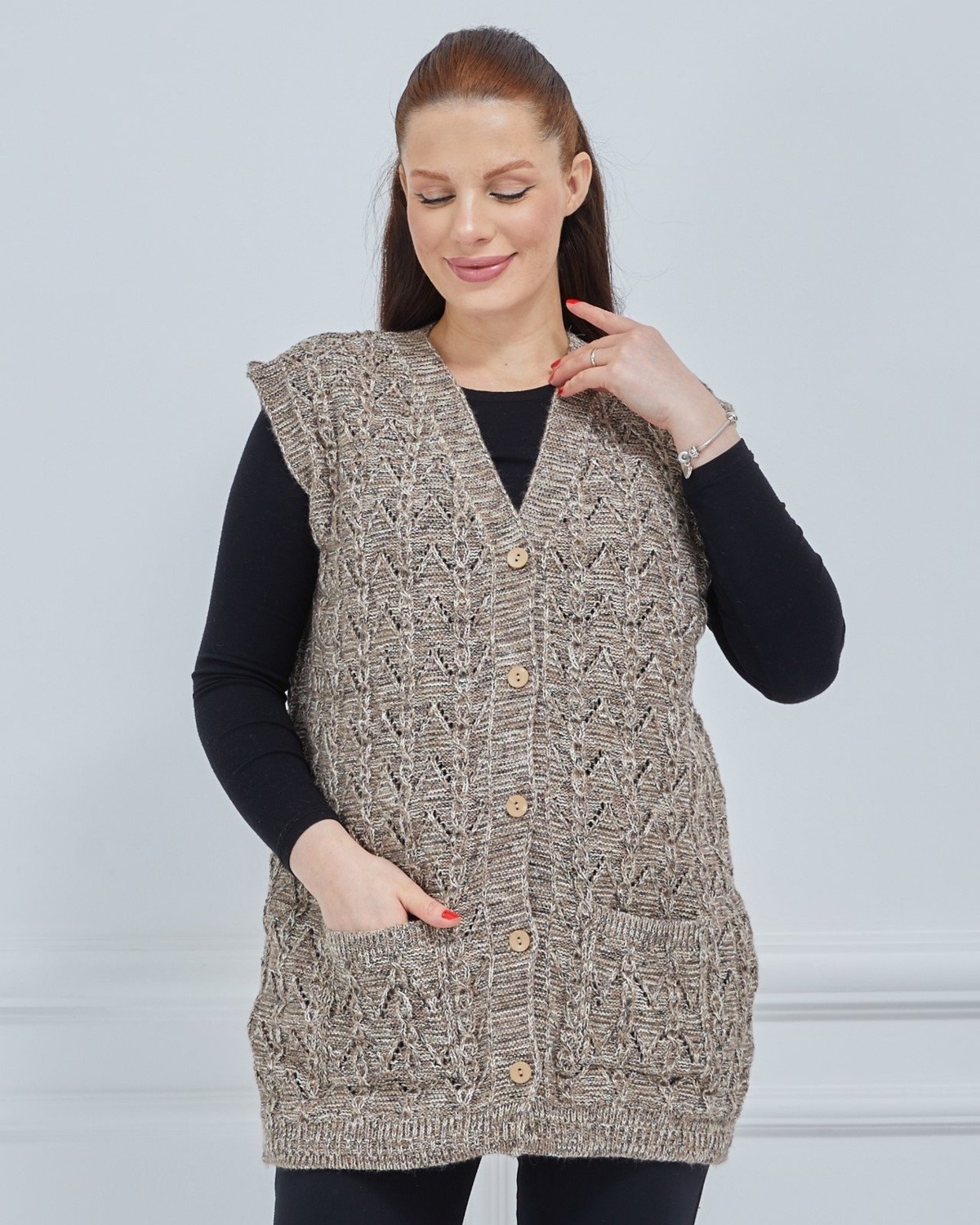 Fresh Moda Kadın Kırçıllı Kazayağı Model Kalın Kışlık Örgü Cepli Triko Anne Yelek görsel 8