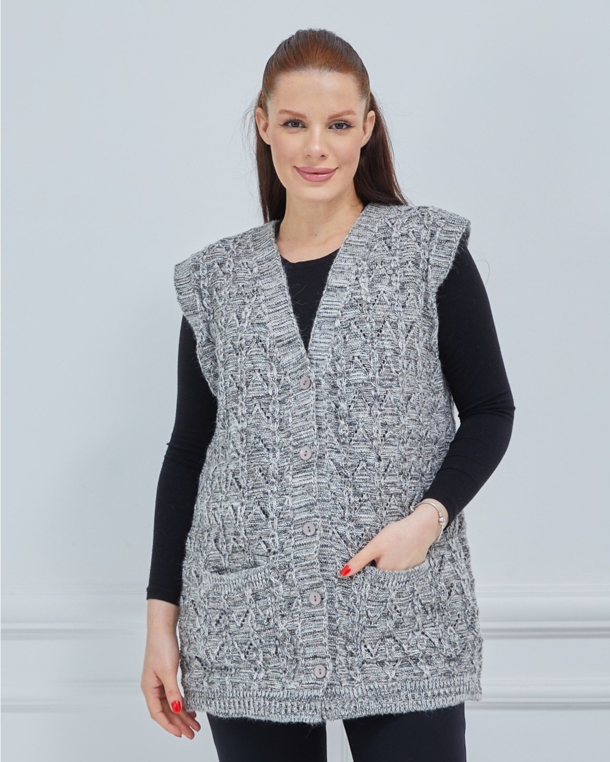 Fresh Moda Kadın Kırçıllı Kazayağı Model Kalın Kışlık Örgü Cepli Triko Anne Yelek görsel 2