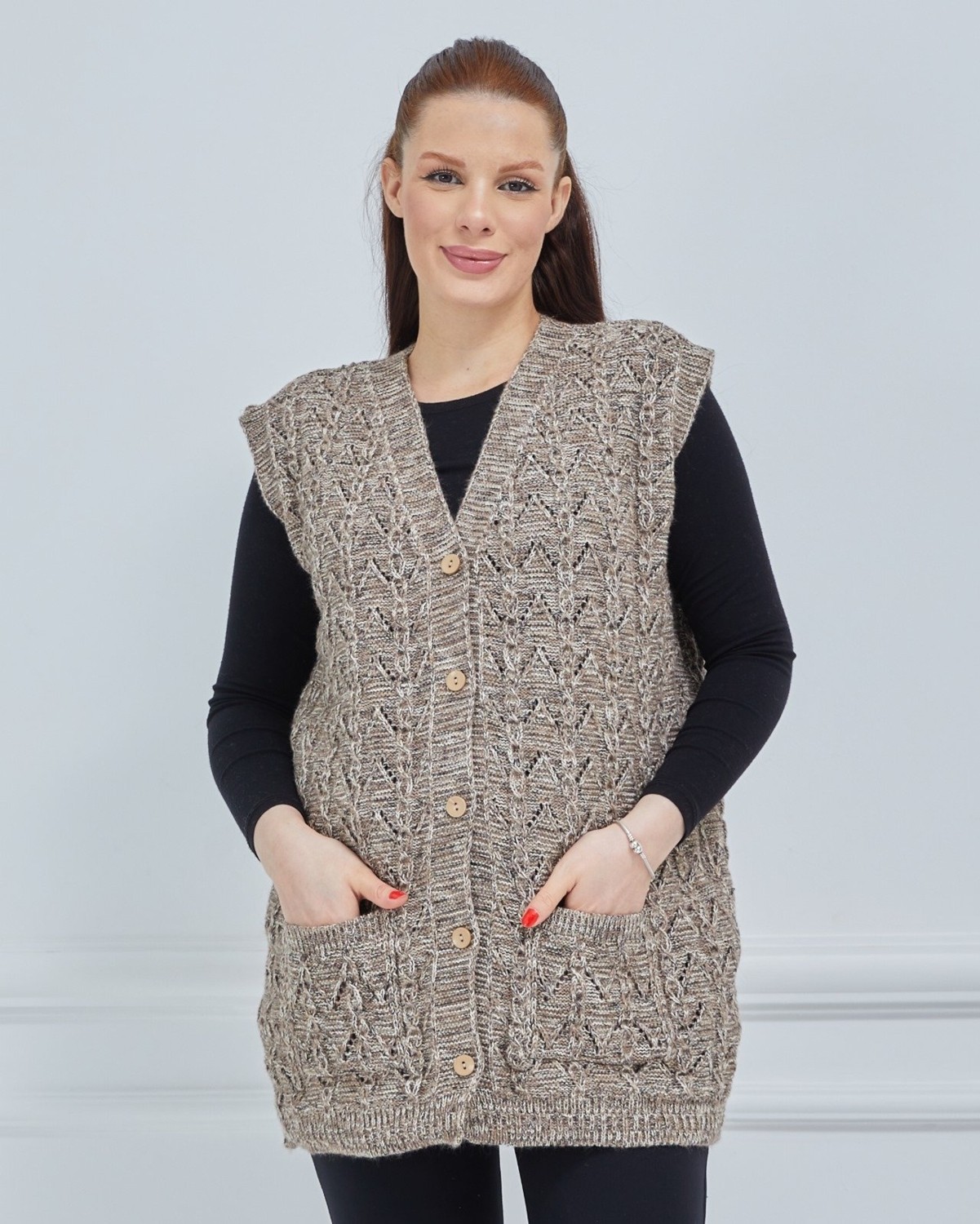 Fresh Moda Kadın Kırçıllı Kazayağı Model Kalın Kışlık Örgü Cepli Triko Anne Yelek görsel 6