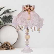 dekovien Vizon Kadife Kaplı Dantel Süsleme Krem Erengül Vintage Abajur 30X50CM AB1010
