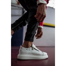 Shoecide Bağcıklı Fermuarlı Cilt Deri Ortopedik Yüksek Taban Beyaz Erkek Günlük Sneaker Ayakkabı