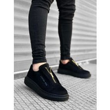 Shoecide Kalın Süet Yüksek Taban Fermuarlı Siyah Siyah Erkek Ayakkabı