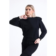 Pulur.co Siyah Omuz Detaylı Bisiklet Yaka Sweatshirt