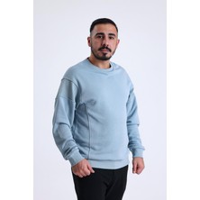 Pulur.co Gök Mavisi Parçalı Kaşkorse Detaylı Bisiklet Yaka Sweatshirt