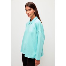Muni Muni Düz Renk Uzun Kollu Polo Yaka Sweatshirt-Turkuaz