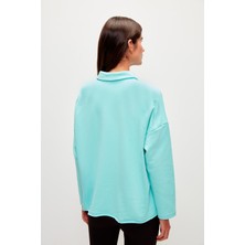Muni Muni Düz Renk Uzun Kollu Polo Yaka Sweatshirt-Turkuaz