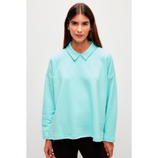 Muni Muni Düz Renk Uzun Kollu Polo Yaka Sweatshirt-Turkuaz