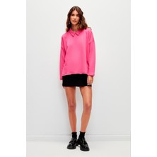 Muni Muni Düz Renk Uzun Kollu Polo Yaka Sweatshirt-Fuşya