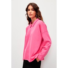 Muni Muni Düz Renk Uzun Kollu Polo Yaka Sweatshirt-Fuşya