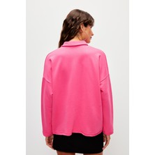 Muni Muni Düz Renk Uzun Kollu Polo Yaka Sweatshirt-Fuşya