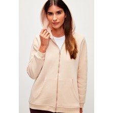 Muni Muni Düz Renk Pamuklu Fermuarlı Kapüşonlu Sweatshirt-Bej