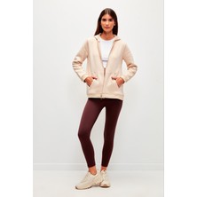 Muni Muni Düz Renk Pamuklu Fermuarlı Kapüşonlu Sweatshirt-Bej