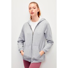Muni Muni Düz Renk Pamuklu Fermuarlı Kapüşonlu Sweatshirt-Gri
