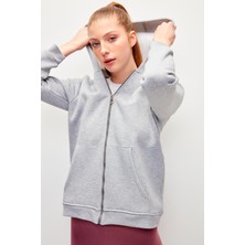 Muni Muni Düz Renk Pamuklu Fermuarlı Kapüşonlu Sweatshirt-Gri