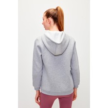 Muni Muni Düz Renk Pamuklu Fermuarlı Kapüşonlu Sweatshirt-Gri