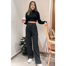 Julude Siyah Kadın Bel Cırtlı Çizgili Palazzo Pantolon P-00008048