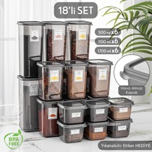 Meleni Home 18'li Multi Set Elisa Etiketli Kare Erzak Saklama Kabı Seti Antrasit 6x(0,50 Lt-1,10 Lt -1,70 Lt)