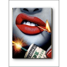 Dollars Gaming With Red Lips Kanvas Tablo Dekoratif Modern Soyut Minimalist Illüstrasyon