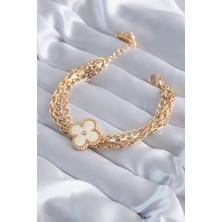 Clariss Gold Renk Beyaz Yonca Model Kadın Bileklik