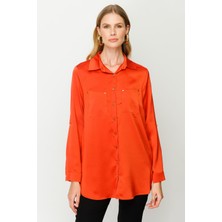 Ekol Kadın Dokulu Saten Gömlek 1013 Oranj
