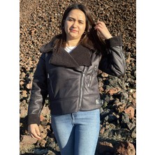 ARV Moda Içi Suni Kürklü Suni Süet Crop Biker Ceket