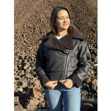 ARV Moda Içi Suni Kürklü Suni Süet Crop Biker Ceket