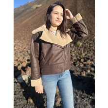 ARV Moda Içi Suni Kürklü Suni Süet Crop Biker Ceket