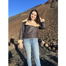 ARV Moda Içi Suni Kürklü Suni Süet Crop Biker Ceket