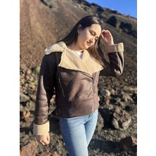 ARV Moda Içi Suni Kürklü Suni Süet Crop Biker Ceket