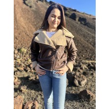 ARV Moda Içi Suni Kürklü Suni Süet Crop Biker Ceket