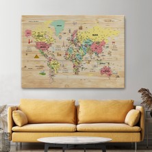 Ne Verelim Size Ahşap Görünümlü Türkçe Dünya Haritası Sembollü Eğitici Kanvas Tablo 2935