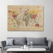 Ne Verelim Size Ahşap Görünümlü Türkçe Dünya Haritası Sembollü Eğitici Kanvas Tablo 2931