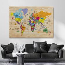 Ne Verelim Size Ahşap Görünümlü Türkçe Dünya Haritası Sembollü Eğitici Dekoratif Kanvas Tablo 2905