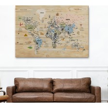 Ne Verelim Size Ahşap Görünümlü Türkçe Dünya Haritası Sembollü Eğitici Kanvas Tablo 2923