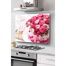 Ocak Arkası Cam Koruyucu Tezgah Ankastre Arkası Koruyucu | Pembe Çiçekler ve Kahve Fincanı