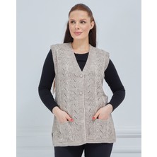 Fresh Moda Kadın V Yaka Zincir Örgü Cepli Yün Anne Triko Yelek
