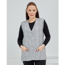 Fresh Moda Kadın V Yaka Zincir Örgü Cepli Yün Anne Triko Yelek