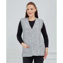 Fresh Moda Kadın V Yaka Zincir Örgü Cepli Yün Anne Triko Yelek