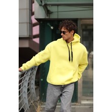 Enzoi Unısex Oversize Kapşonlu Basıc Neon Sarı Sweatshirt