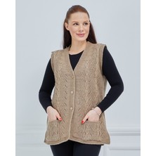 Fresh Moda Kadın V Yaka Zincir Örgü Cepli Yün Anne Triko Yelek