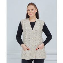 Fresh Moda Kadın V Yaka Zincir Örgü Cepli Yün Anne Triko Yelek