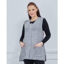 Fresh Moda Kadın Yuvarlak Yaka Triko Cepli Düğmeli Kışlık Yün Yelek