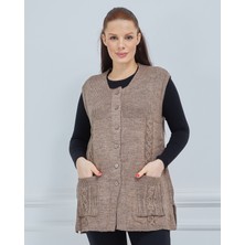 Fresh Moda Kadın Yuvarlak Yaka Triko Cepli Düğmeli Kışlık Yün Yelek