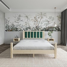 Orion Model Zümrüt Yeşili Puflu Başlıklı Doğal Çam Ahşap Karyola ve Iki Komodin Set