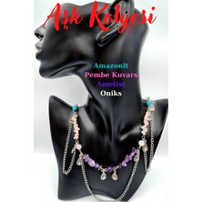 Doğal Taş Dünyası Sertifikalı Aşk Kolyesi Doğal Taş Ametist Pembe Kuvars Amazonit Özel Tasarım